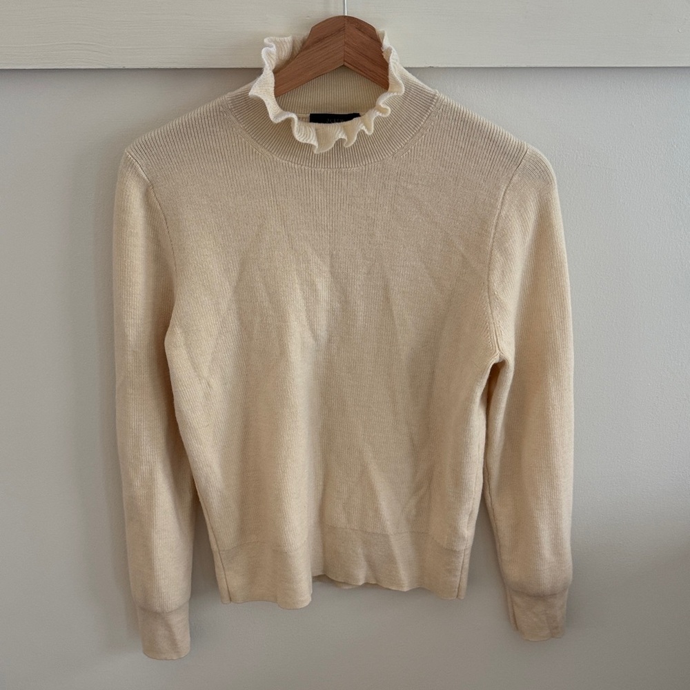 J. Crew Women’s Merino Wool Ruffle Mock Frill Neck Sweater Ivory Cream Size M